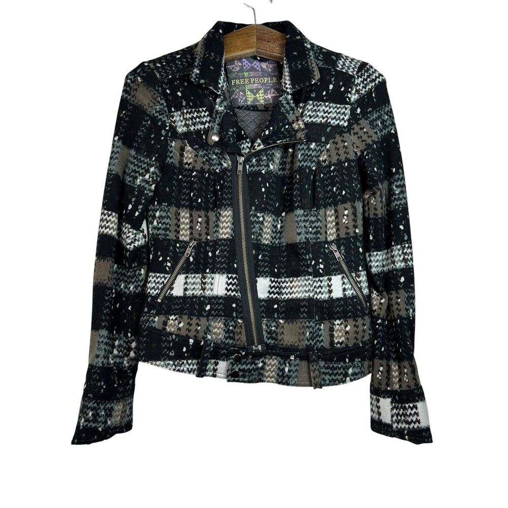 Free People Women’s Plaid Knit Moto Asymmetric Zip Lined Jacket Size 2